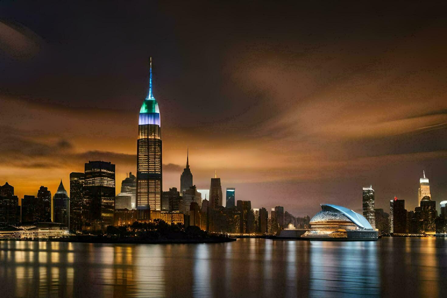 the city skyline at night with the empire state building in the foreground. AI-Generated photo