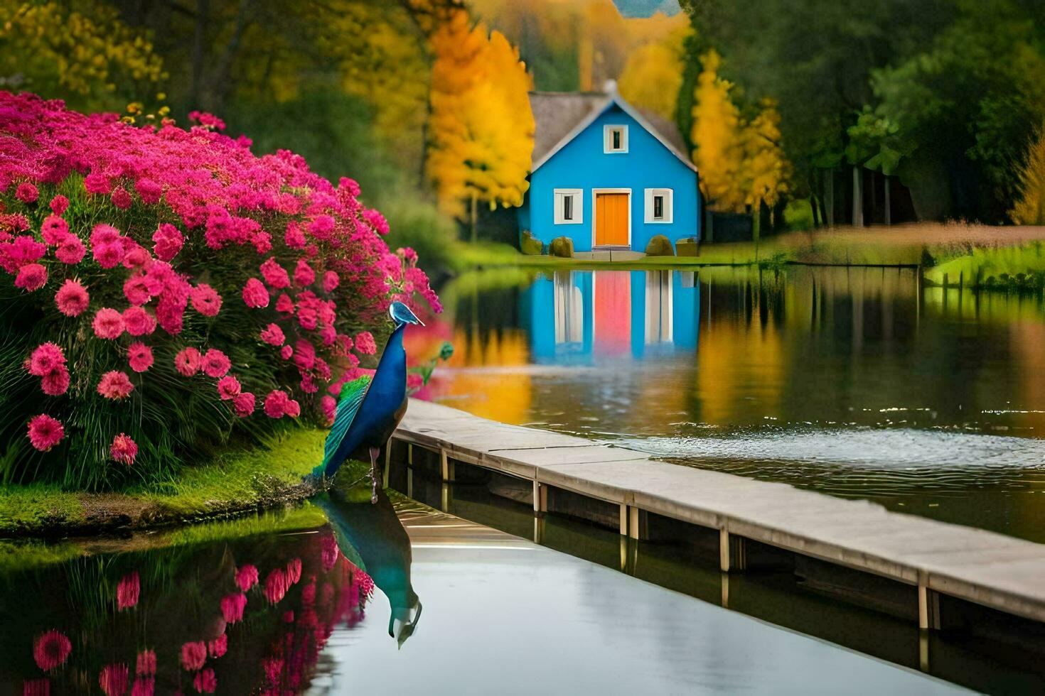 a blue house with pink flowers and a peacock standing on a dock. AI-Generated photo