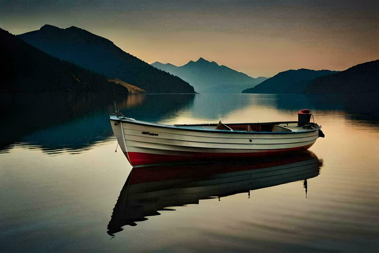 a boat sits on the water in front of mountains. AI-Generated photo