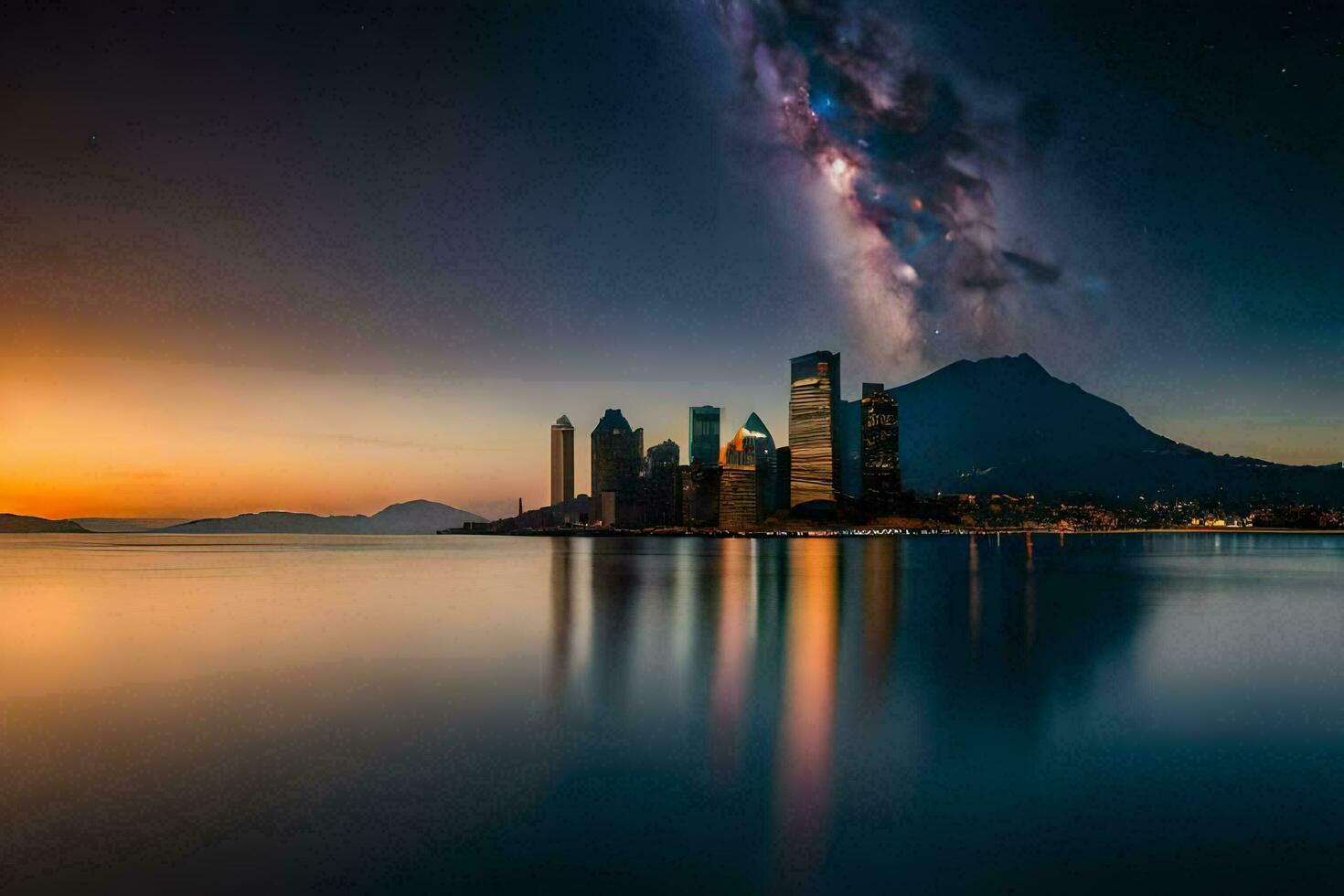 el lechoso camino terminado el ciudad horizonte a noche. generado por ai foto