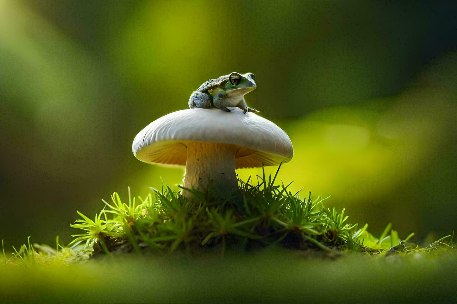 a frog sits on top of a mushroom in the forest. AI-Generated photo