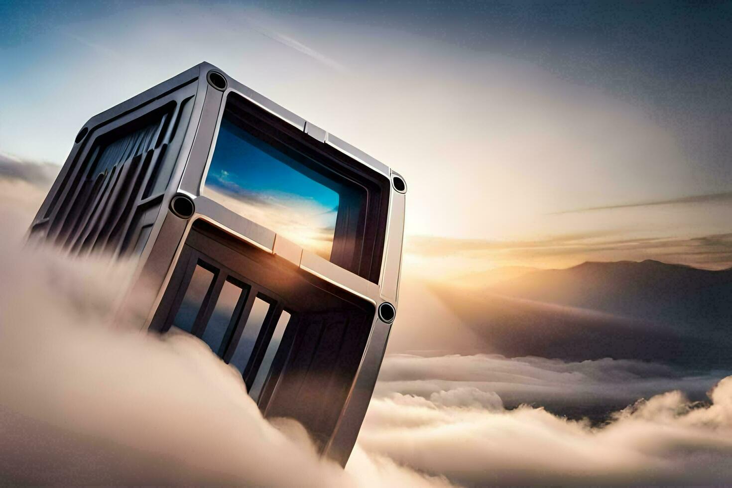 a metal box sitting on top of clouds. AI-Generated photo