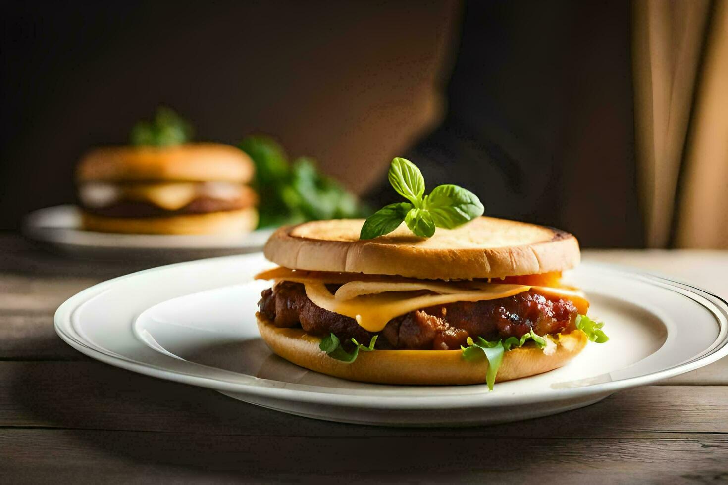 a hamburger on a plate with a person holding a knife. AI-Generated photo