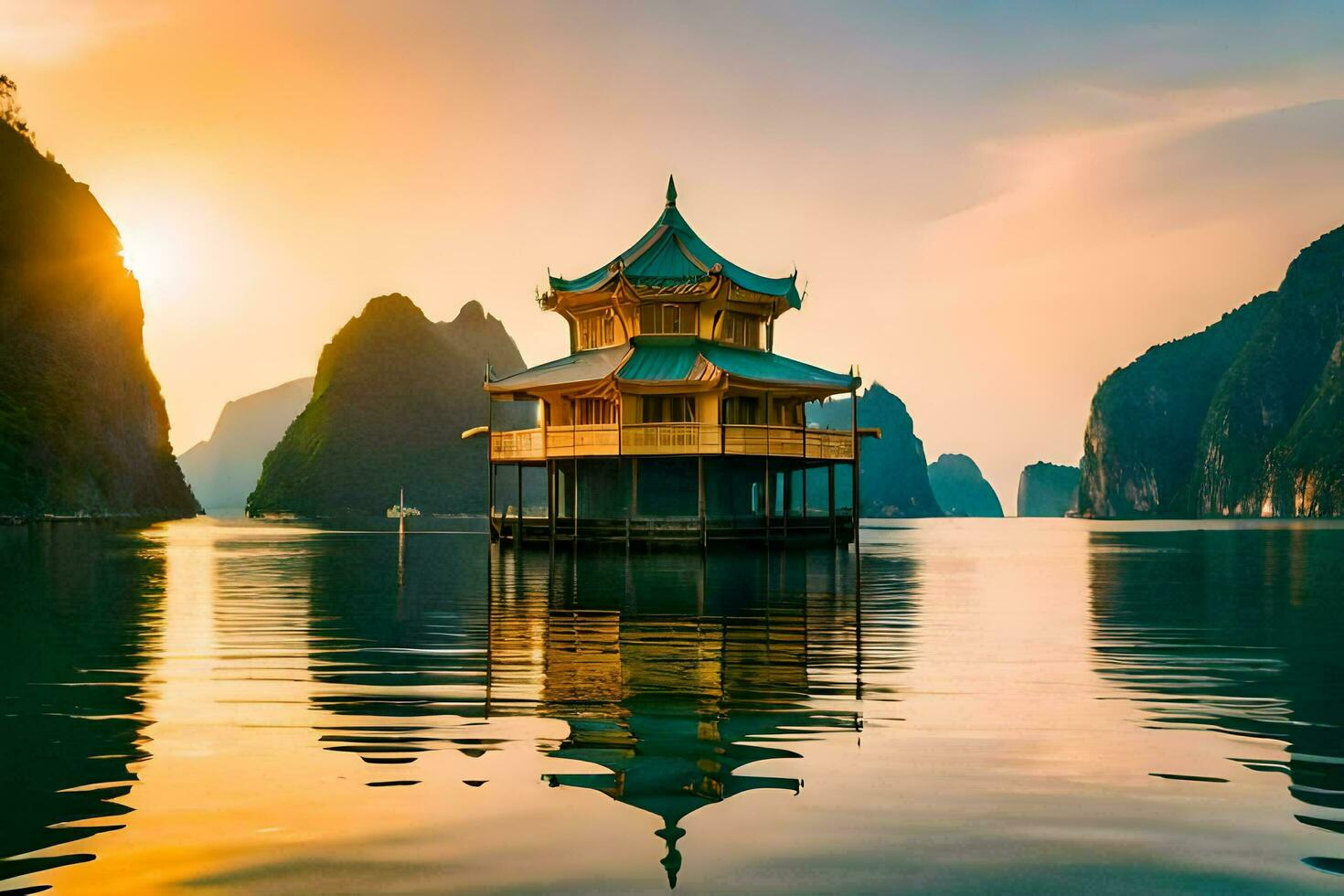 a pagoda sits on the water in front of mountains. AI-Generated photo