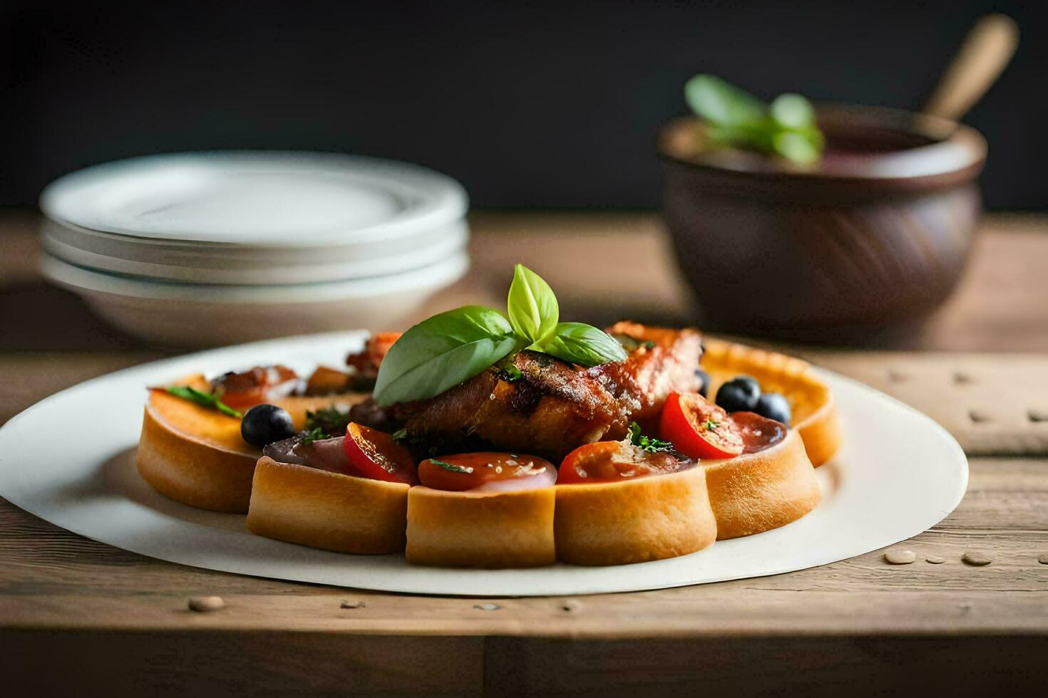 a plate with a piece of bread topped with tomatoes and basil. AI-Generated photo
