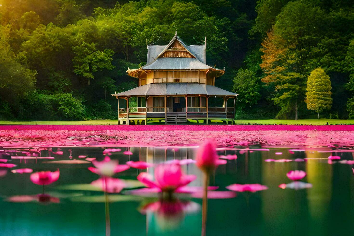 pink lotus flowers in the water with a pagoda in the background. AI-Generated photo