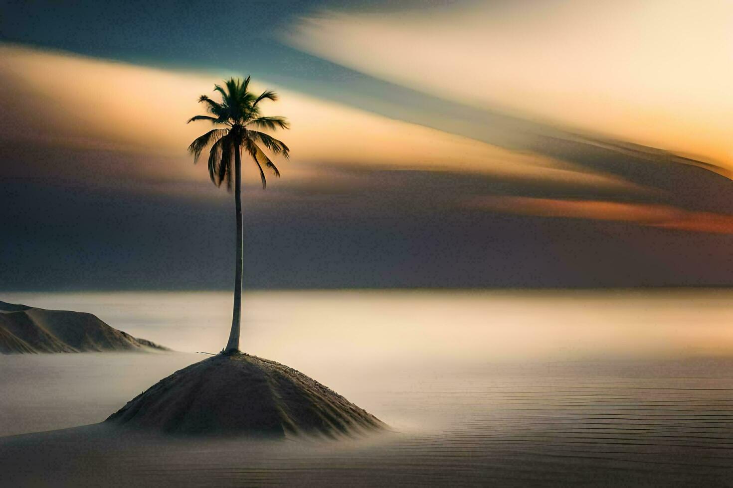 a lone palm tree stands on a small island in the middle of the ocean. AI-Generated photo