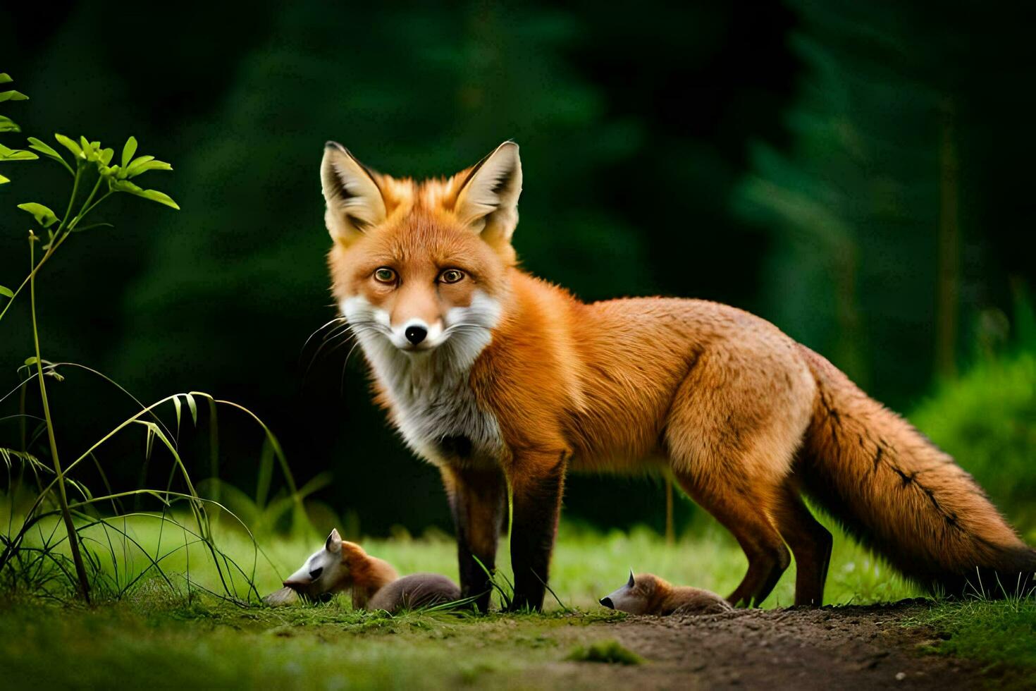 a fox and her cubs in the woods. AI-Generated photo