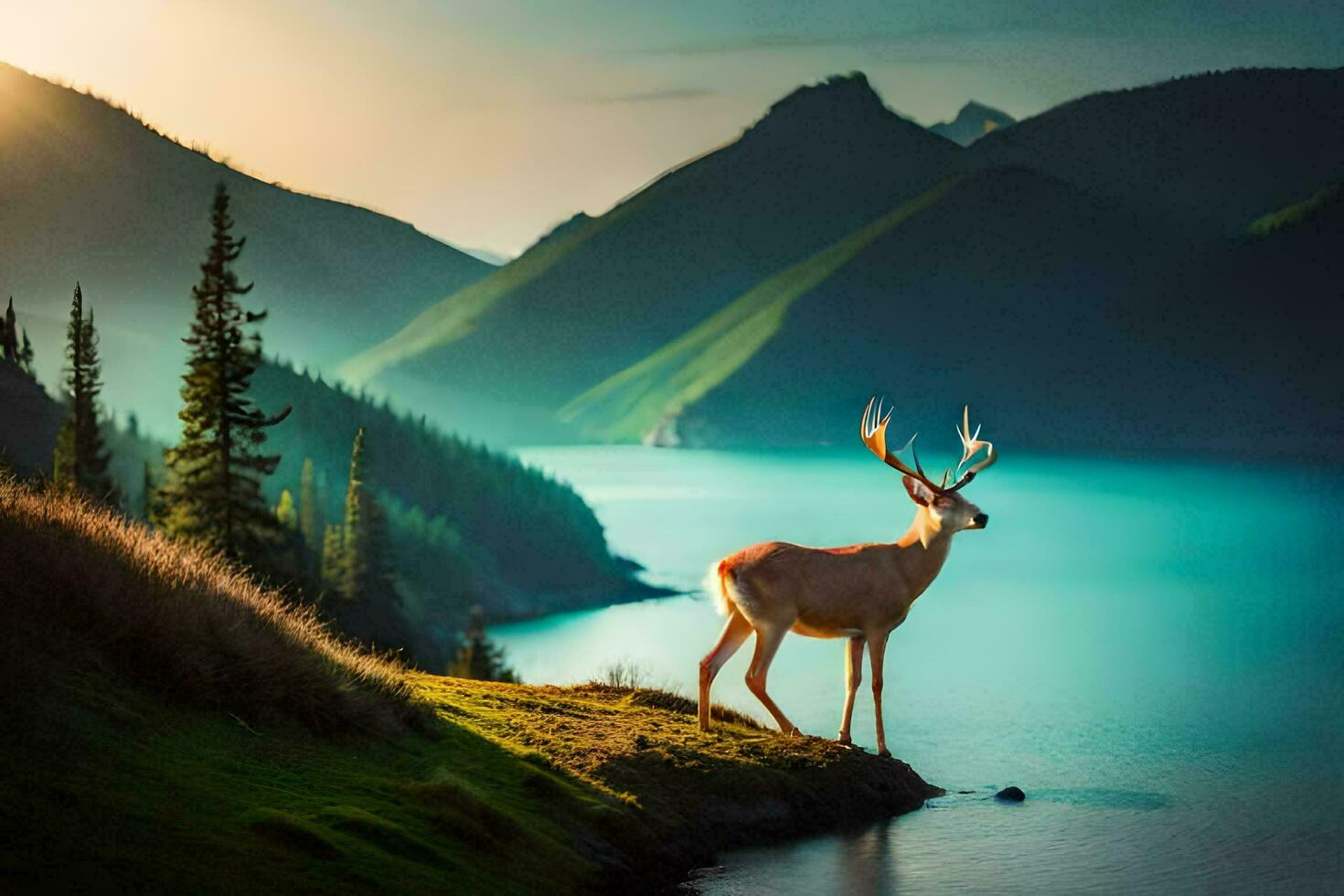the deer is standing on the edge of the lake. AI-Generated photo