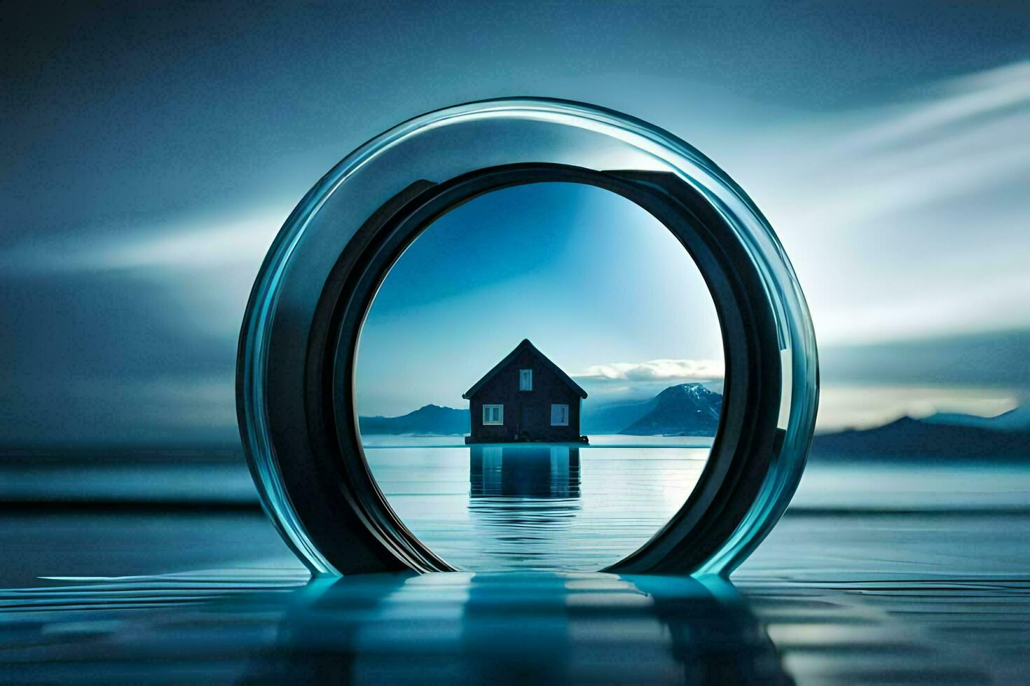 un casa es reflejado en un circular ventana. generado por ai foto