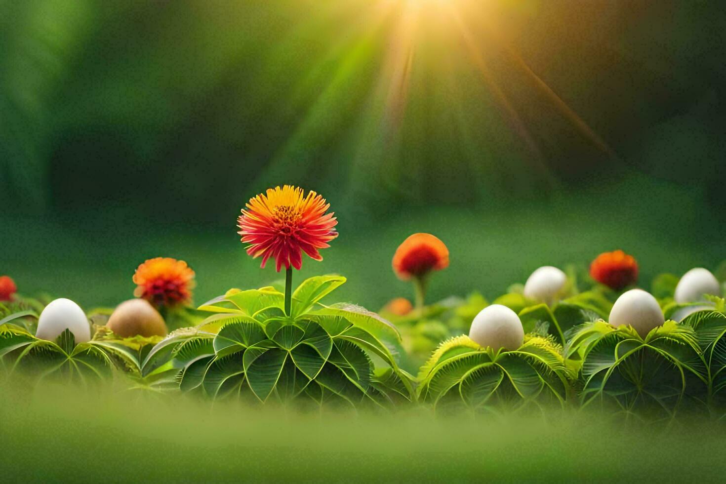 photo wallpaper the sun, flowers, grass, green, the sun, the flowers, the grass. AI-Generated