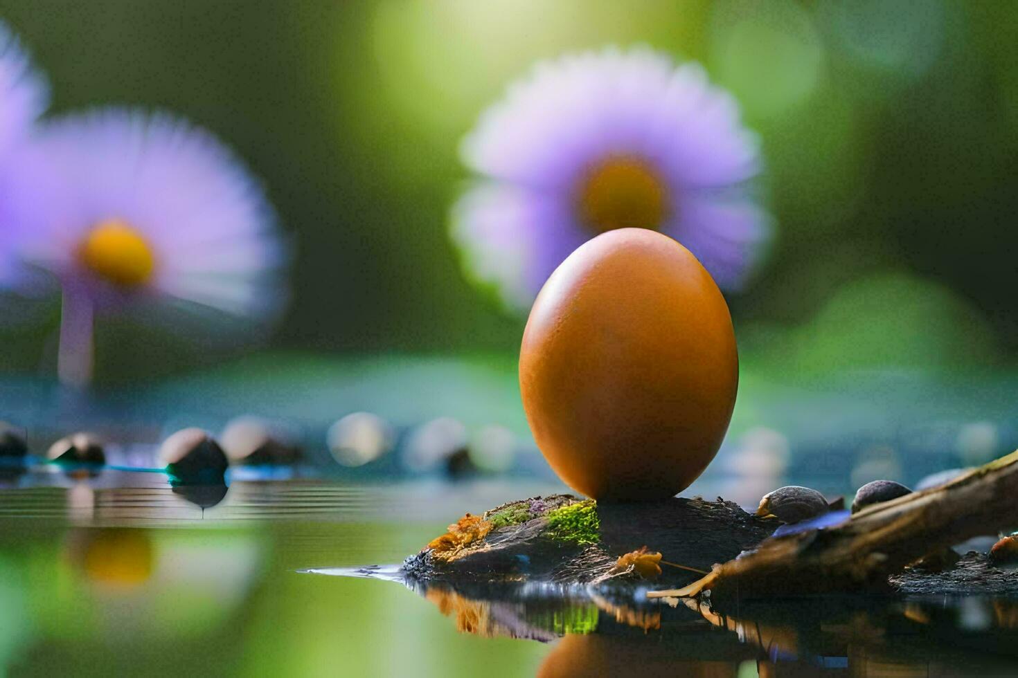 an egg sitting on top of a pond with flowers. AI-Generated photo