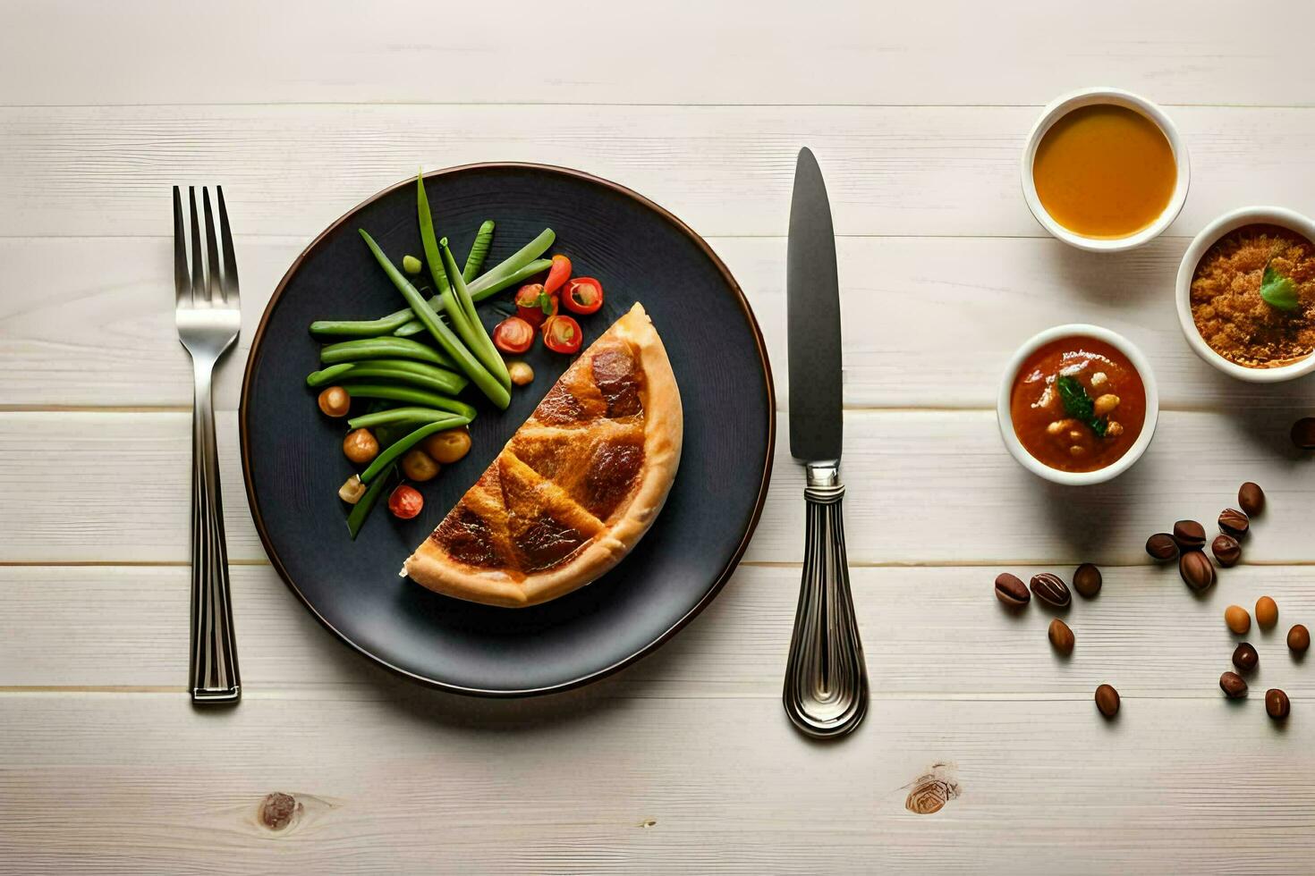 un plato con un rebanada de pizza, verde frijoles y un cuenco de salsa. generado por ai foto