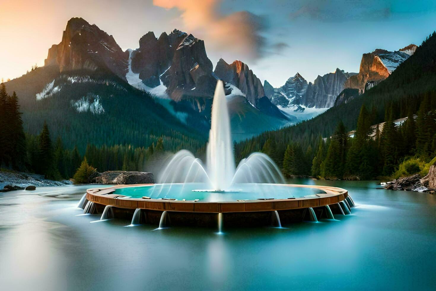 a fountain in the middle of a lake surrounded by mountains. AI-Generated photo