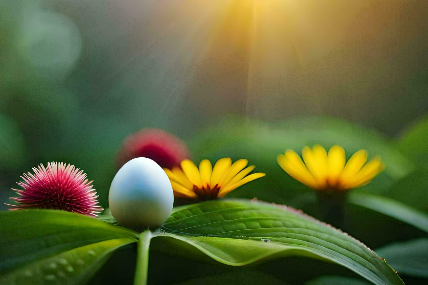 a white egg sits on a green leaf. AI-Generated photo