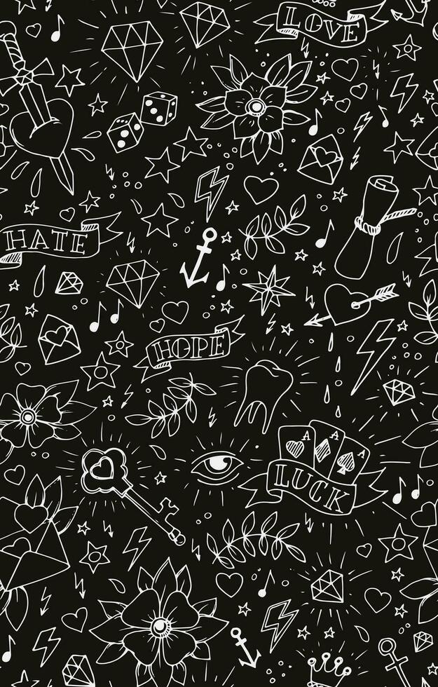 seamless tattoo design pattern with doodles on black background vector