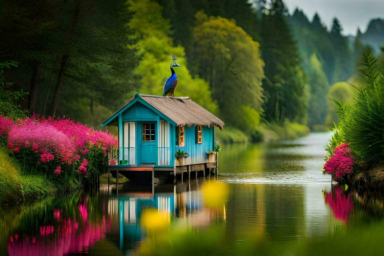 a blue house sits on the edge of a lake surrounded by flowers. AI-Generated photo