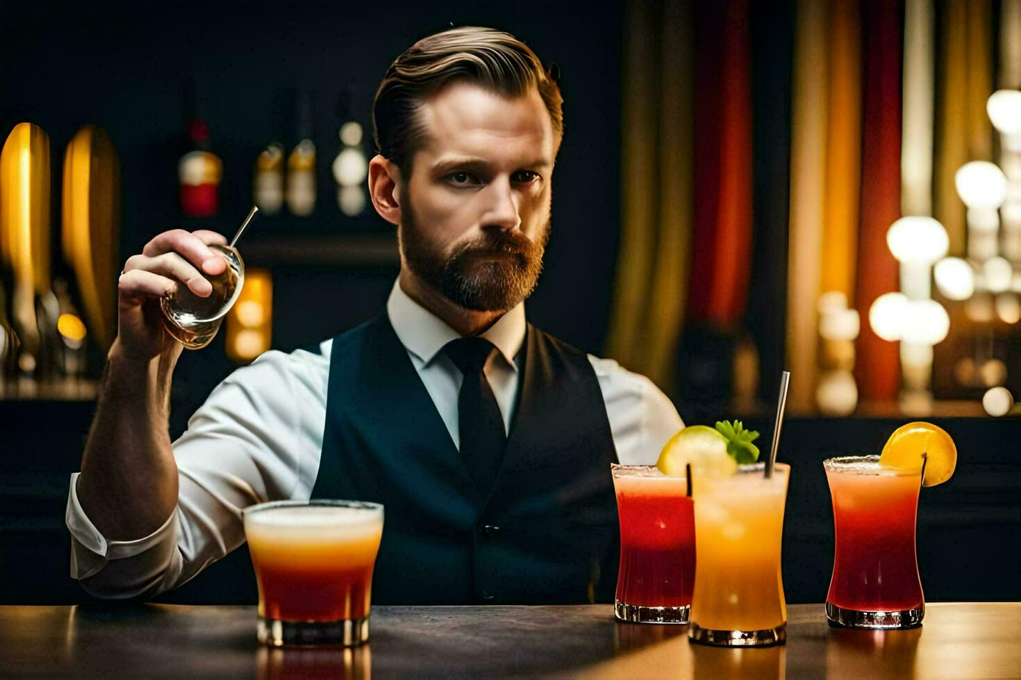 a man in a suit holding a cocktail. AI-Generated photo