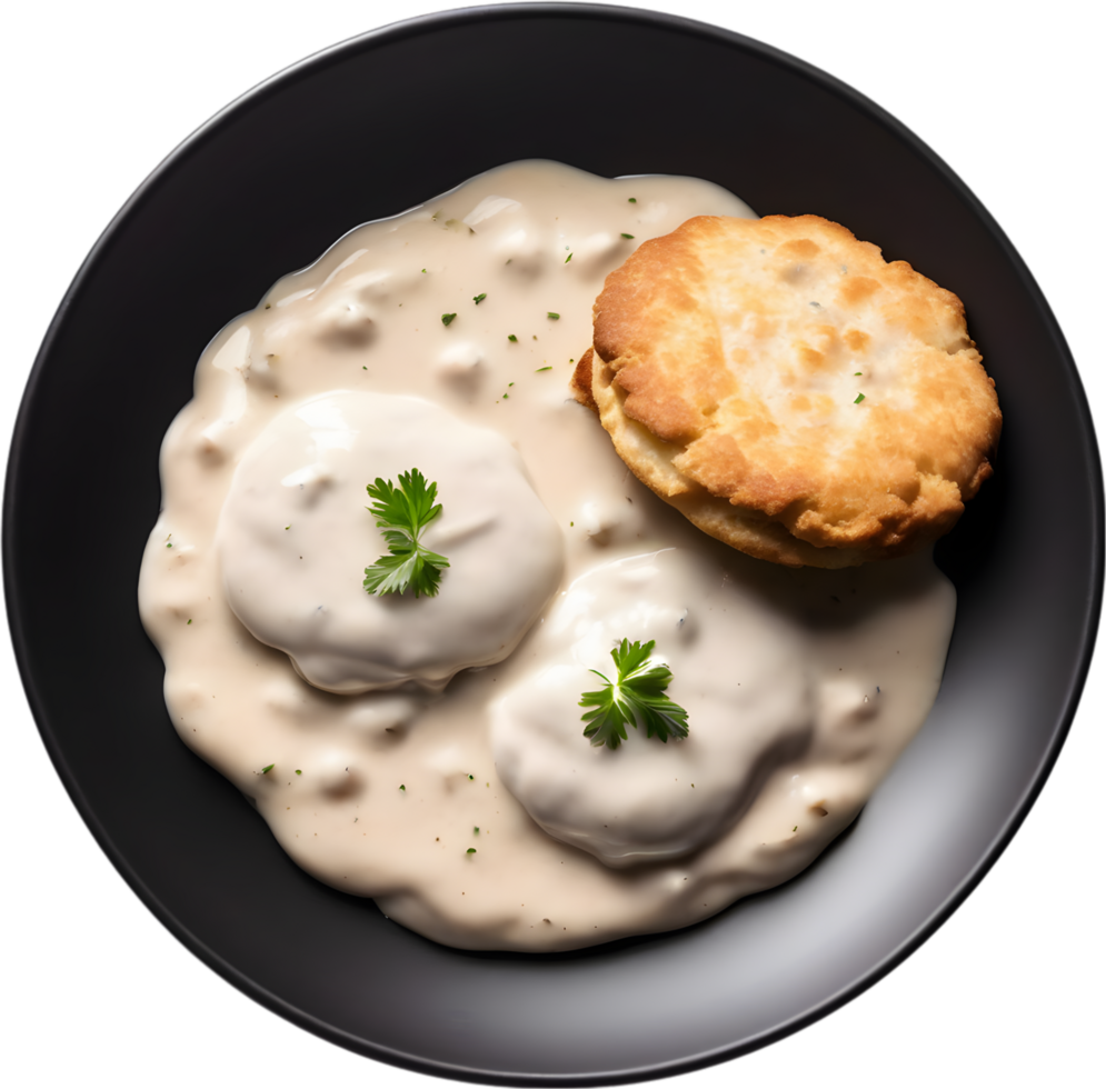 Image of Delicious-looking Biscuits and gravy. AI-Generated. png