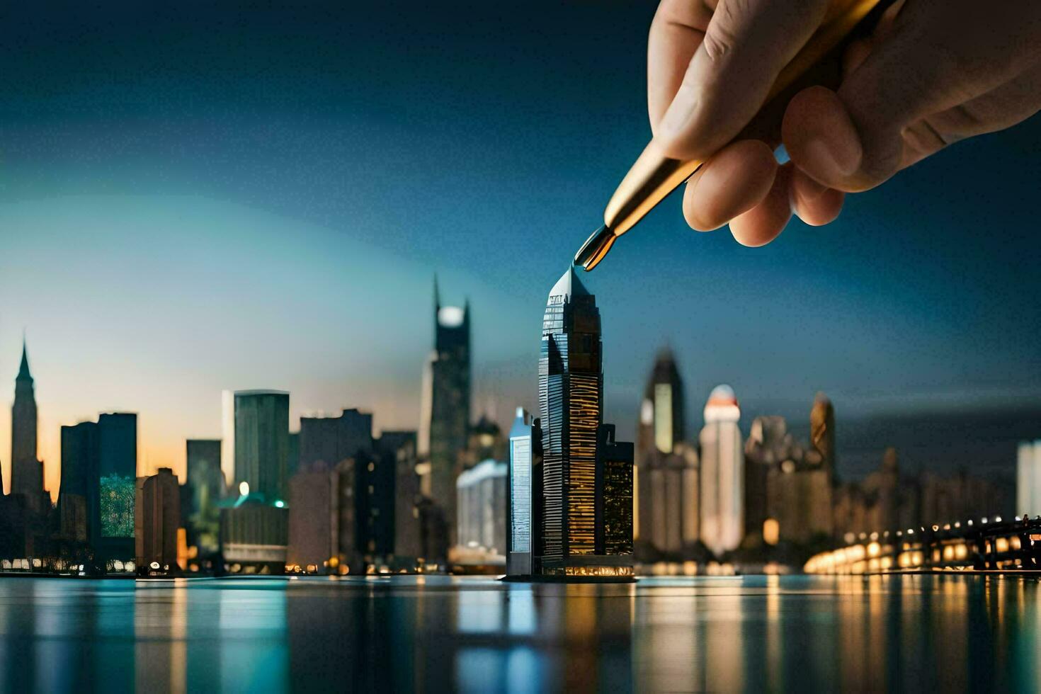 a hand holding a pen over a city skyline. AI-Generated photo
