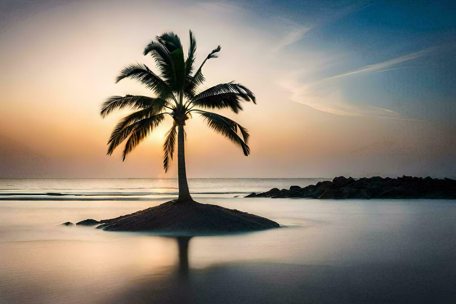 a lone palm tree stands on an island in the middle of the ocean. AI-Generated photo