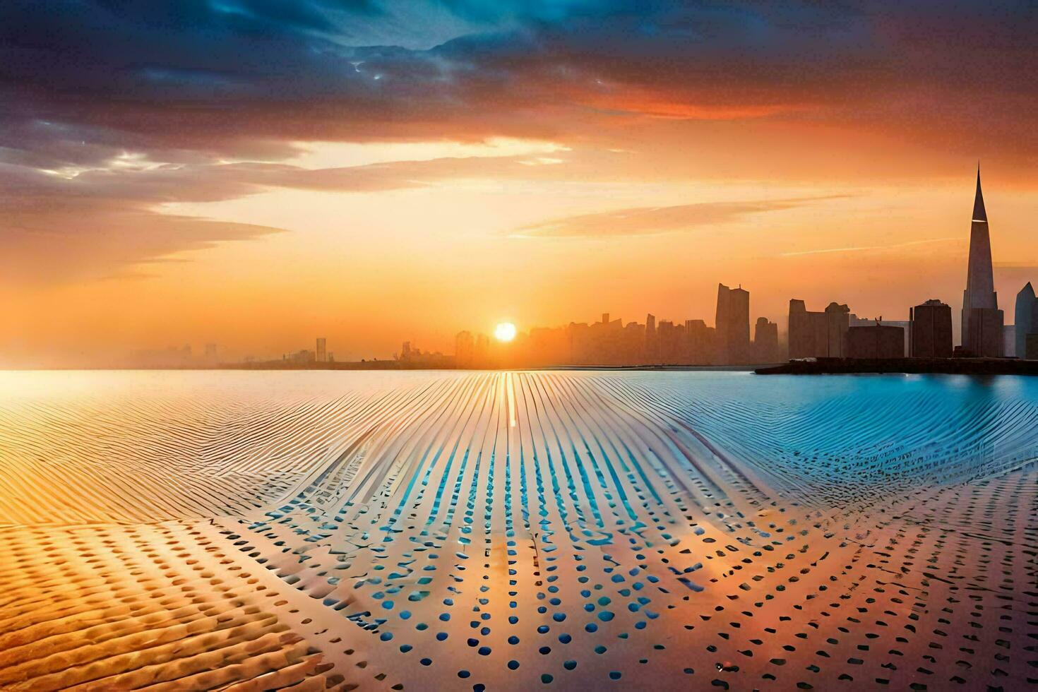 the sun sets over a city skyline with water and a large grid of solar panels. AI-Generated photo