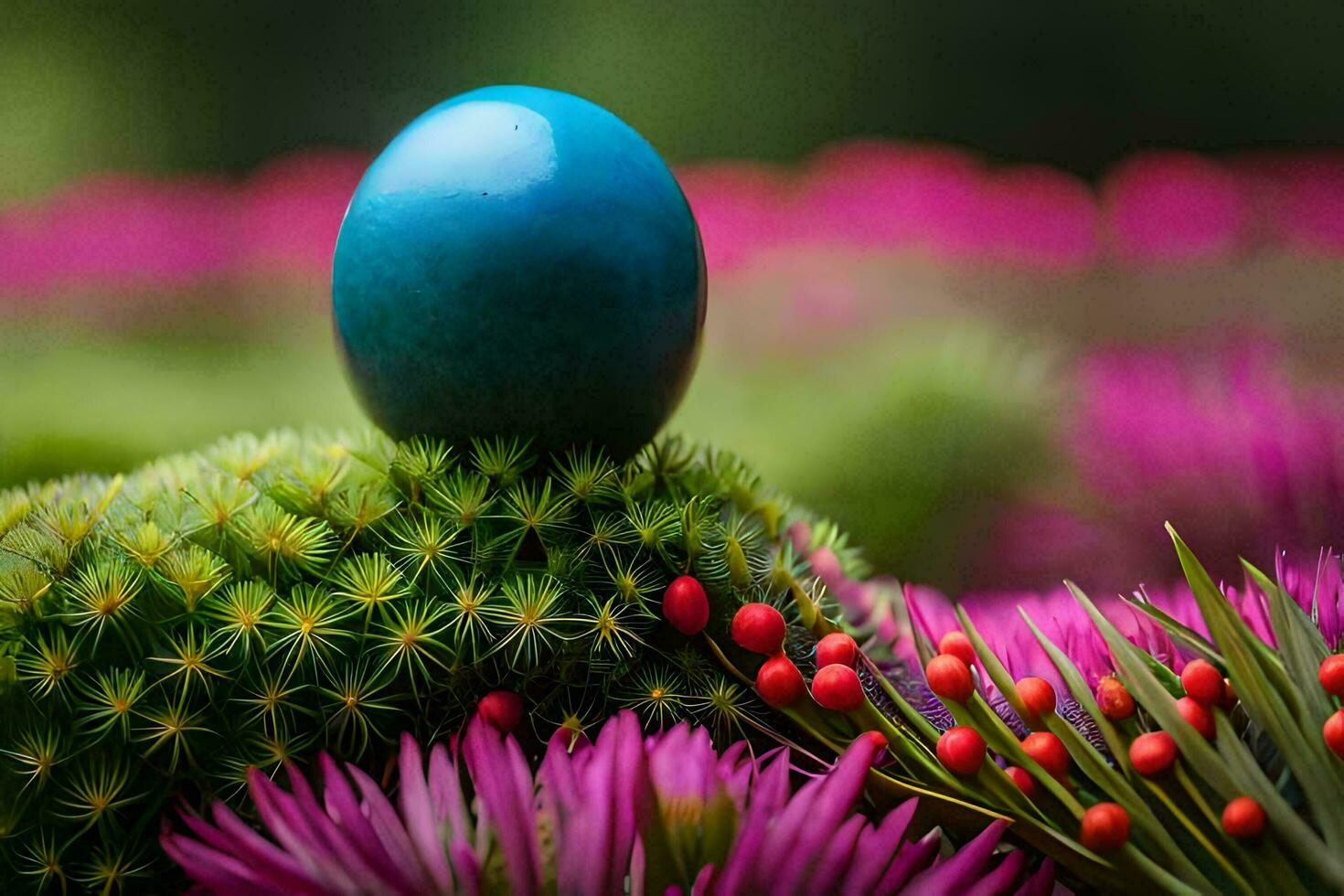 a blue egg sitting on top of a cactus flower. AI-Generated photo