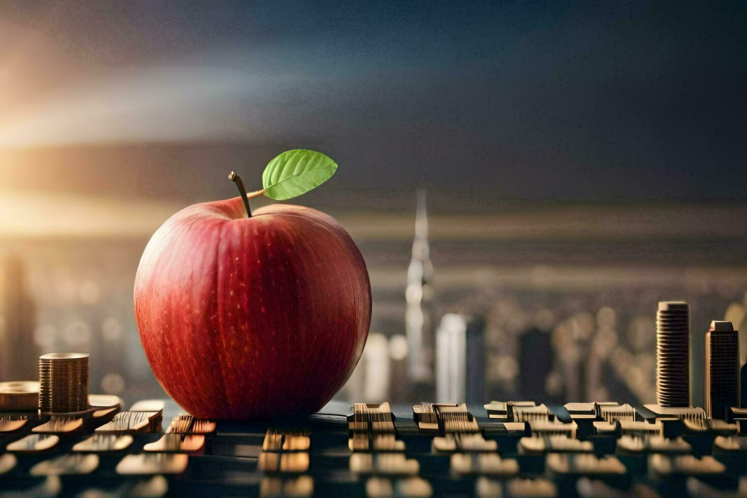 an apple is sitting on top of a keyboard with coins. AI-Generated photo