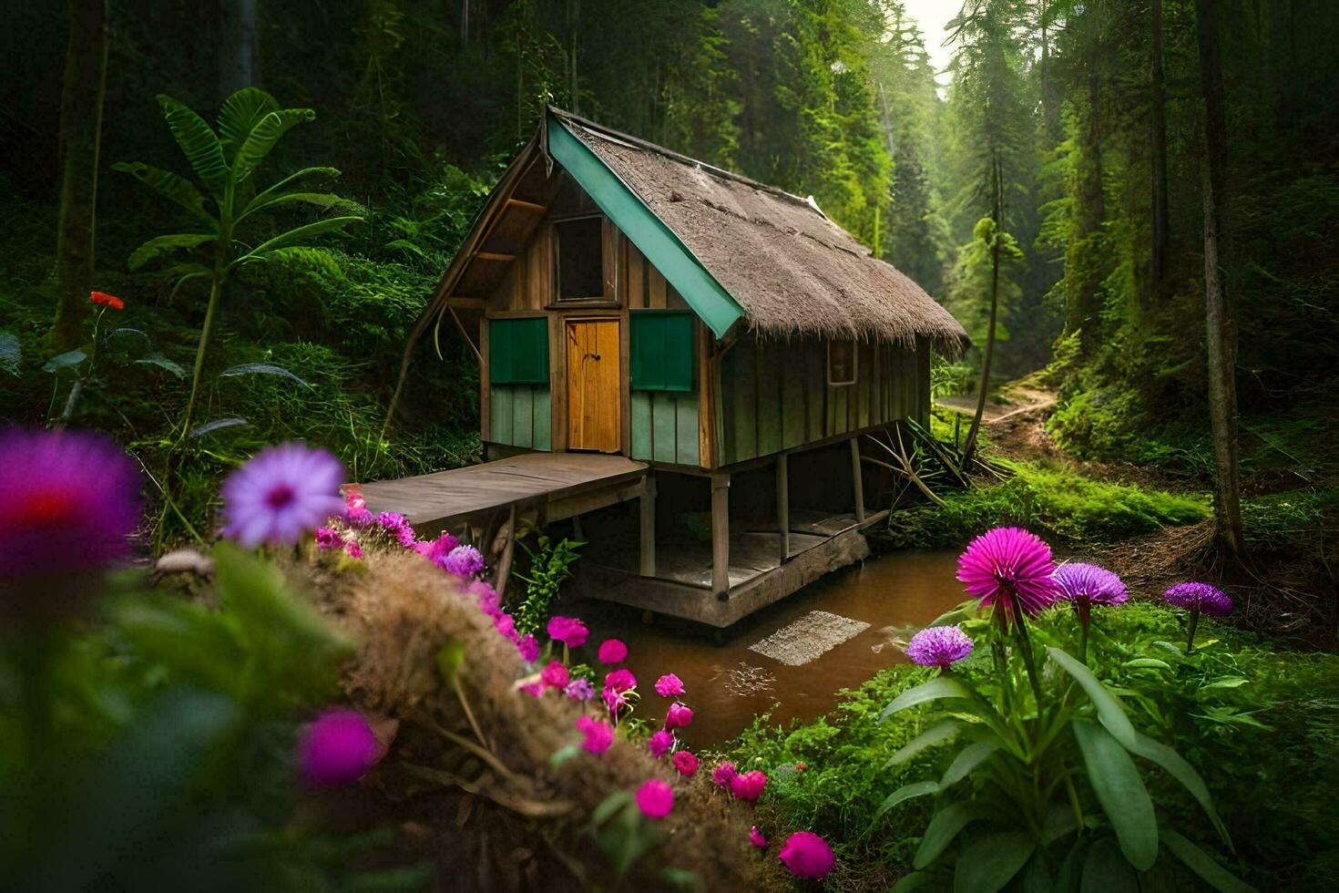 a small cabin in the middle of a forest. AI-Generated photo