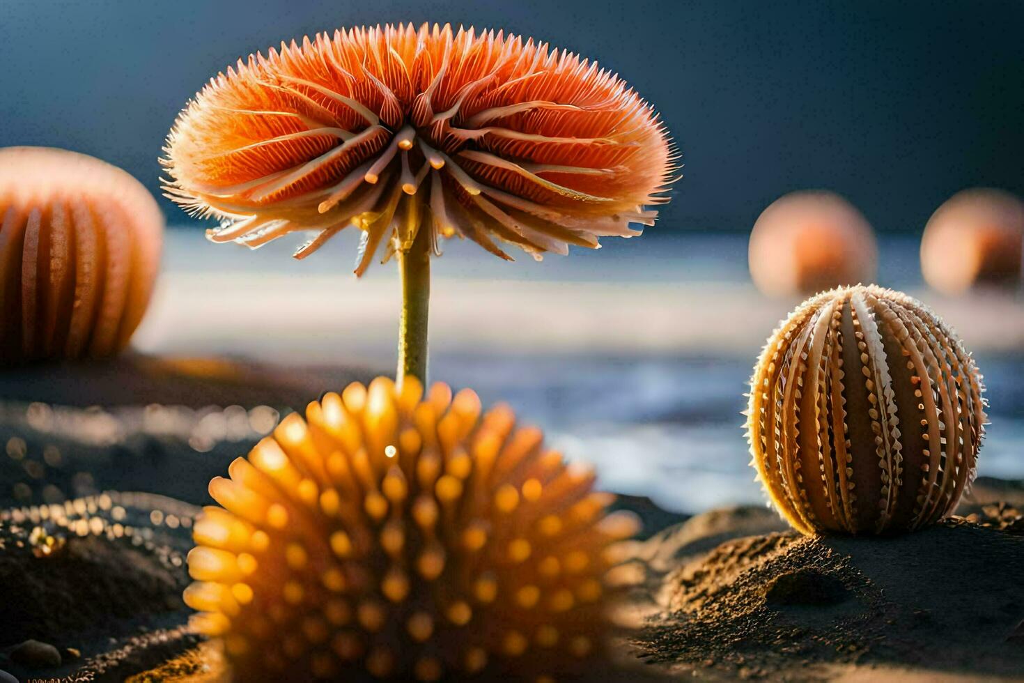 un grupo de mar erizos en el playa. generado por ai foto