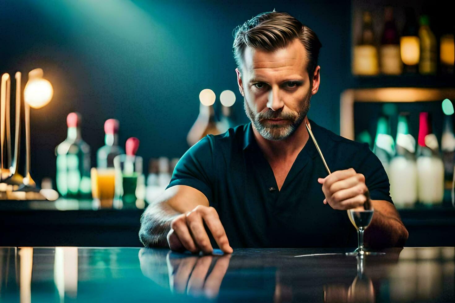 man holding a cocktail stick at a bar. AI-Generated photo