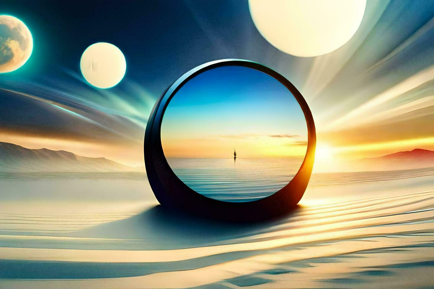 a mirror in the desert with planets and sun. AI-Generated photo