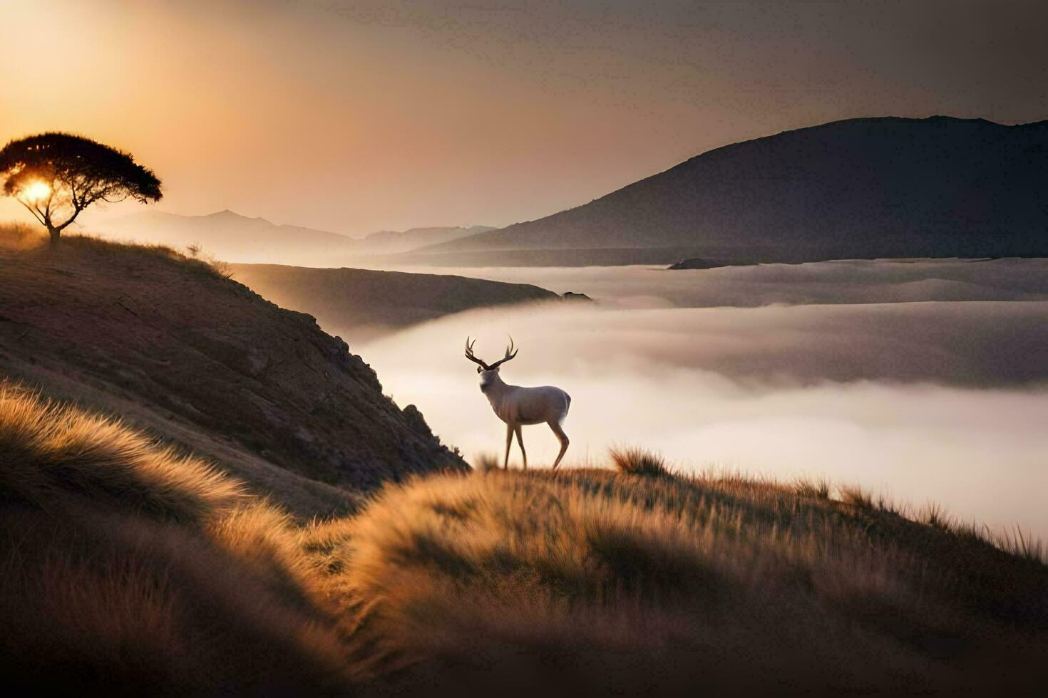 a deer stands on a hill overlooking the foggy valley. AI-Generated photo