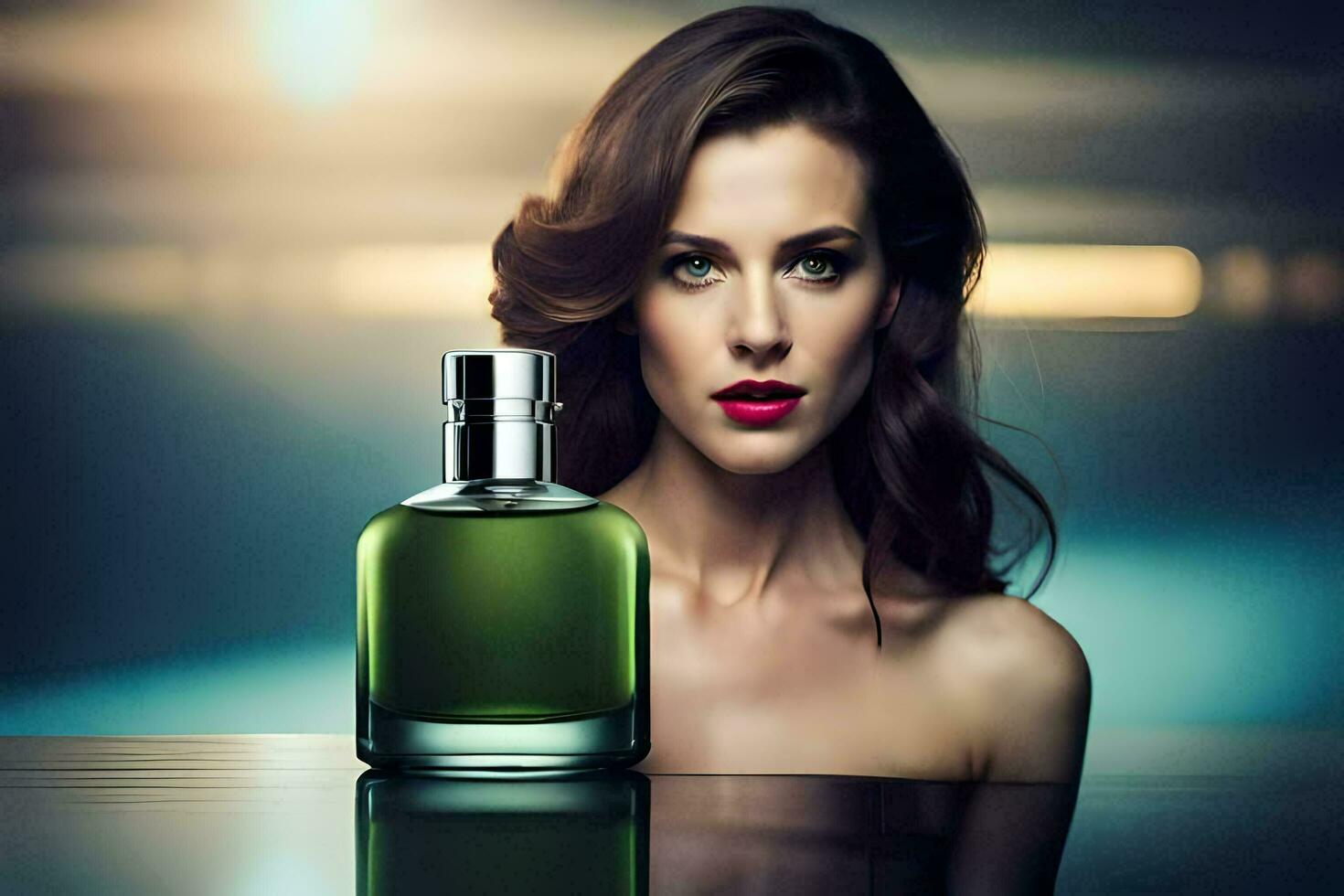 a woman is posing with a bottle of perfume. AI-Generated photo