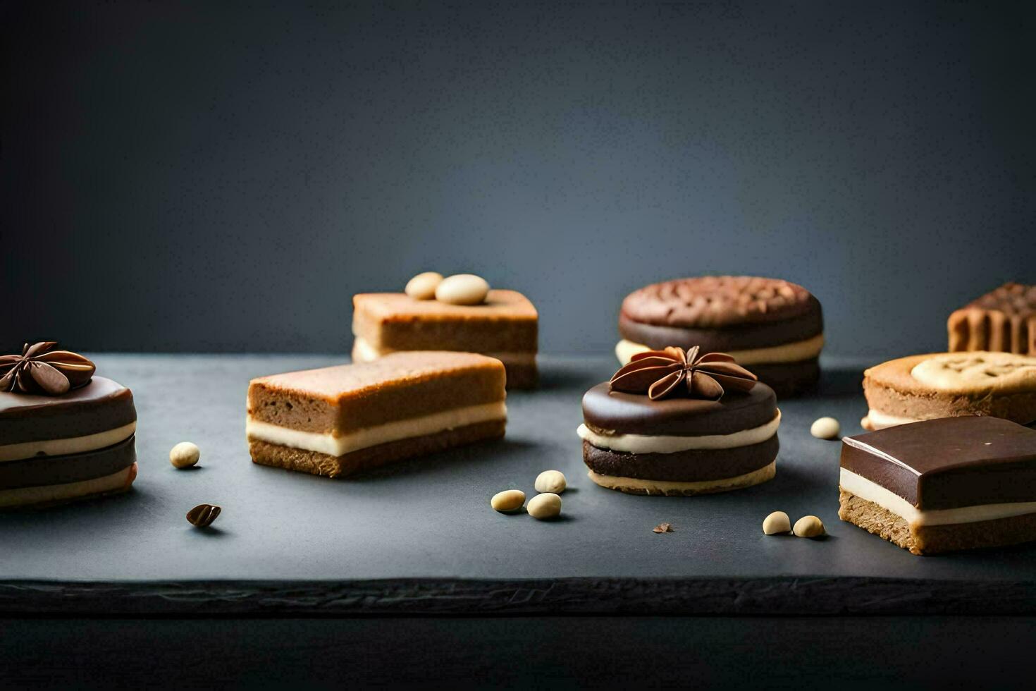 a variety of chocolate desserts on a black surface. AI-Generated photo