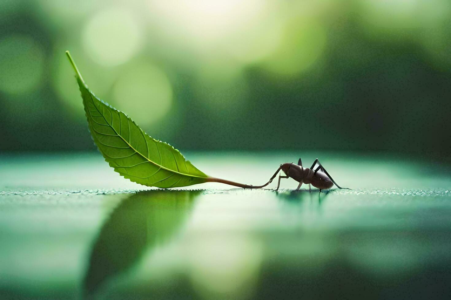 a small ant is standing on a leaf. AI-Generated photo