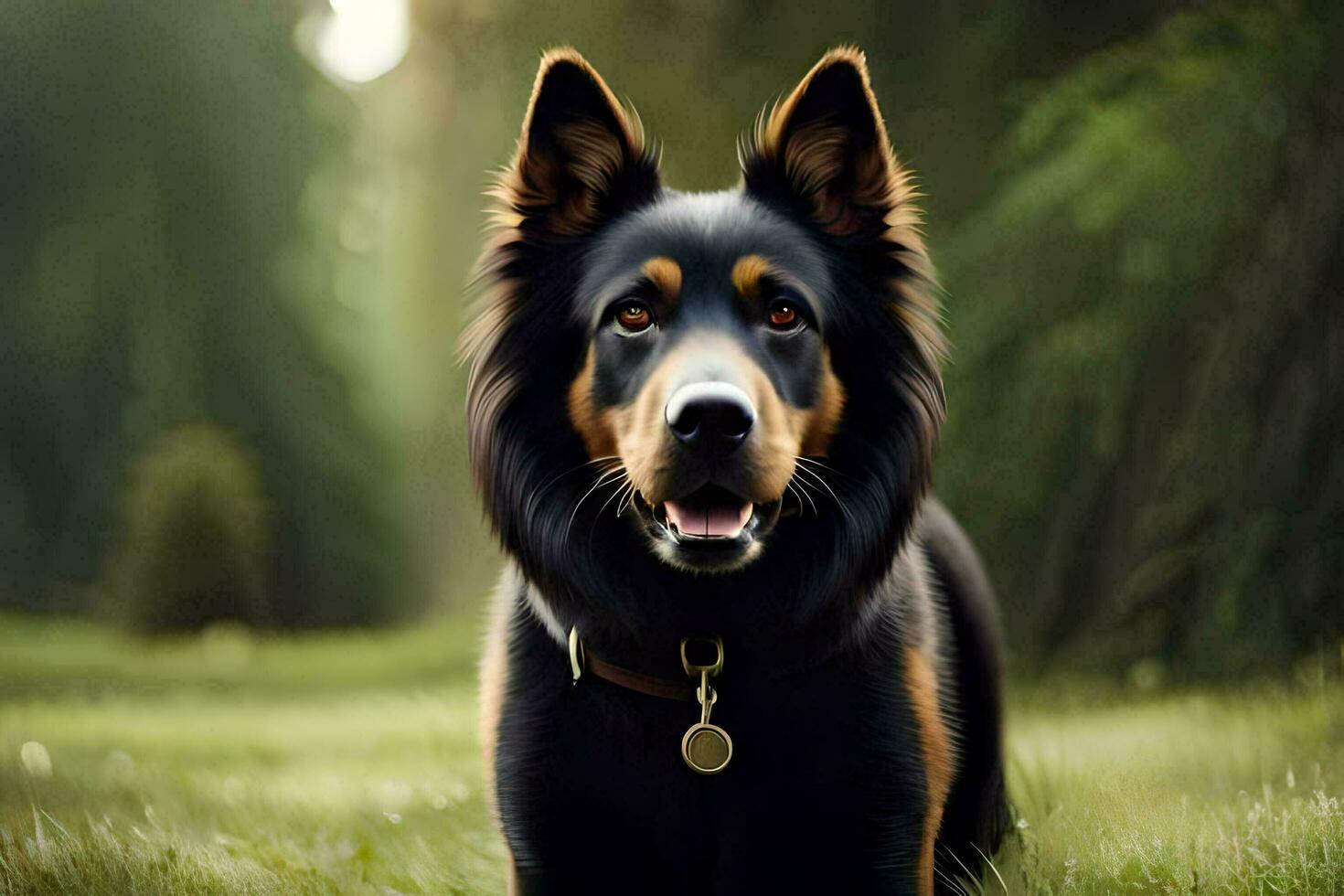 a black and brown dog is standing in the grass. AI-Generated photo