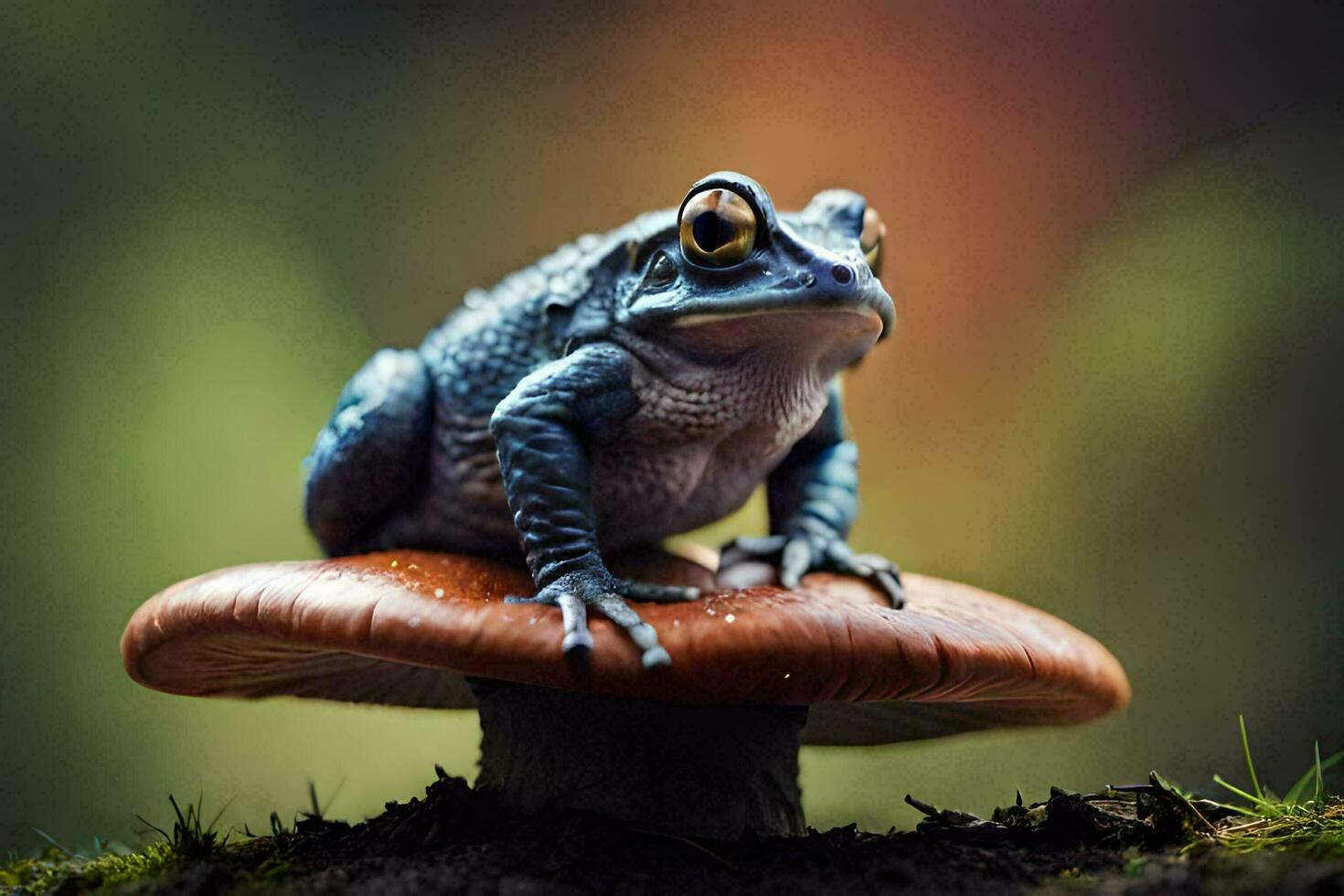 a blue frog sitting on top of a mushroom. AI-Generated photo