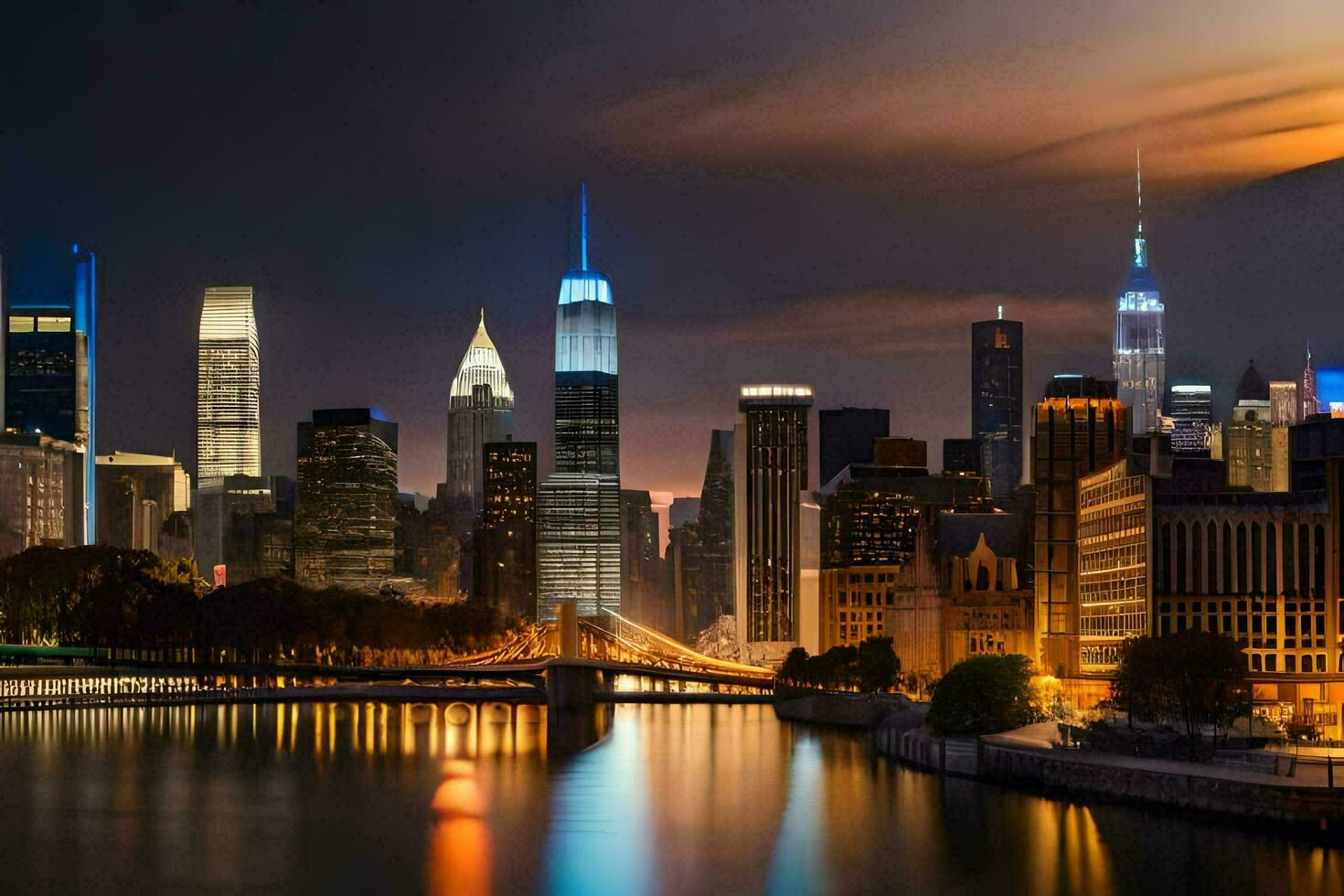 the city skyline at night with the river in the foreground. AI-Generated photo