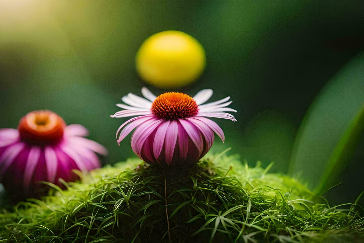 two pink flowers are sitting on top of a green moss. AI-Generated photo