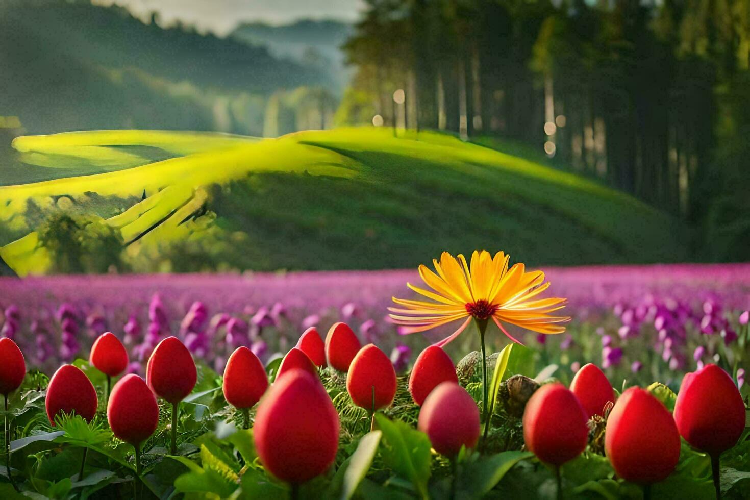 un campo de rojo y púrpura flores en el medio de un verde campo. generado por ai foto