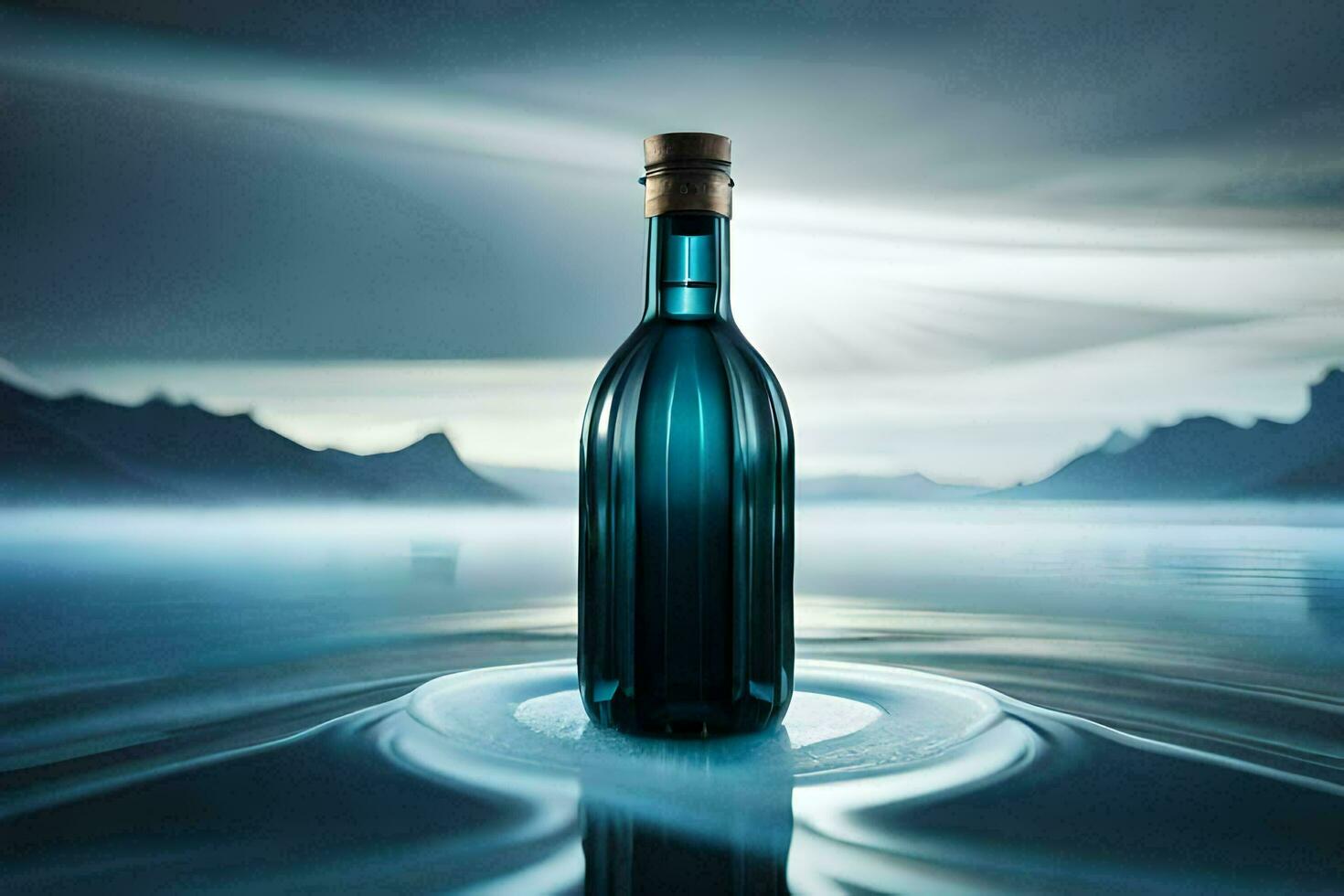 a bottle of water in the middle of a lake. AI-Generated photo