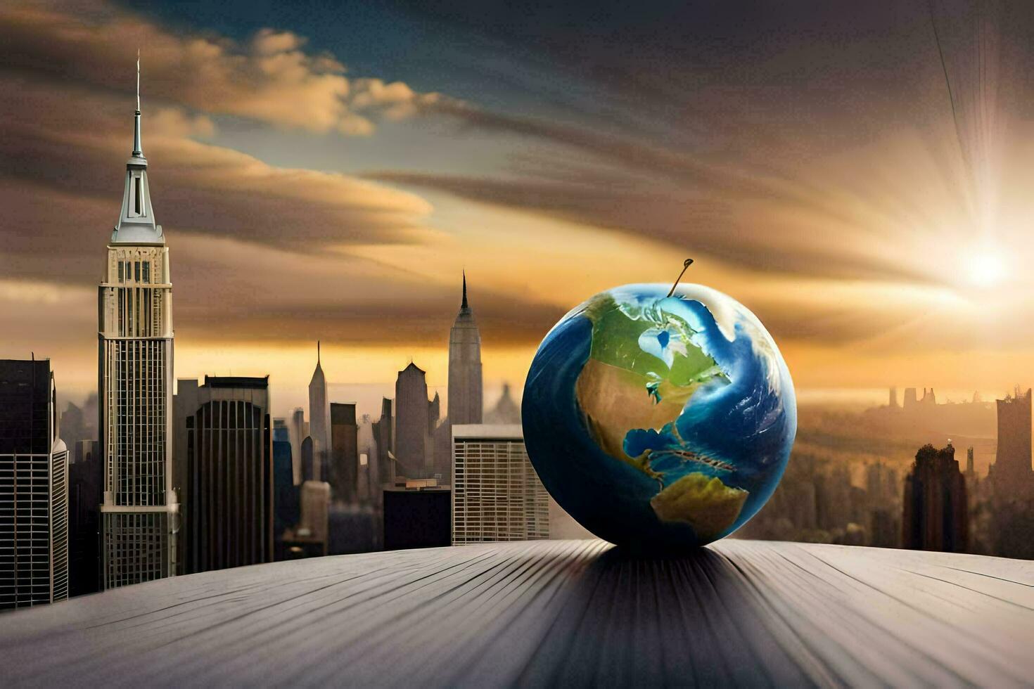 earth globe on a table with cityscape background. AI-Generated photo