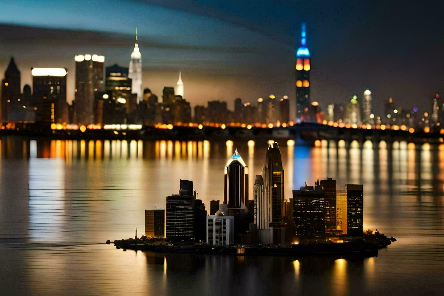 a city skyline is reflected in the water at night. AI-Generated photo