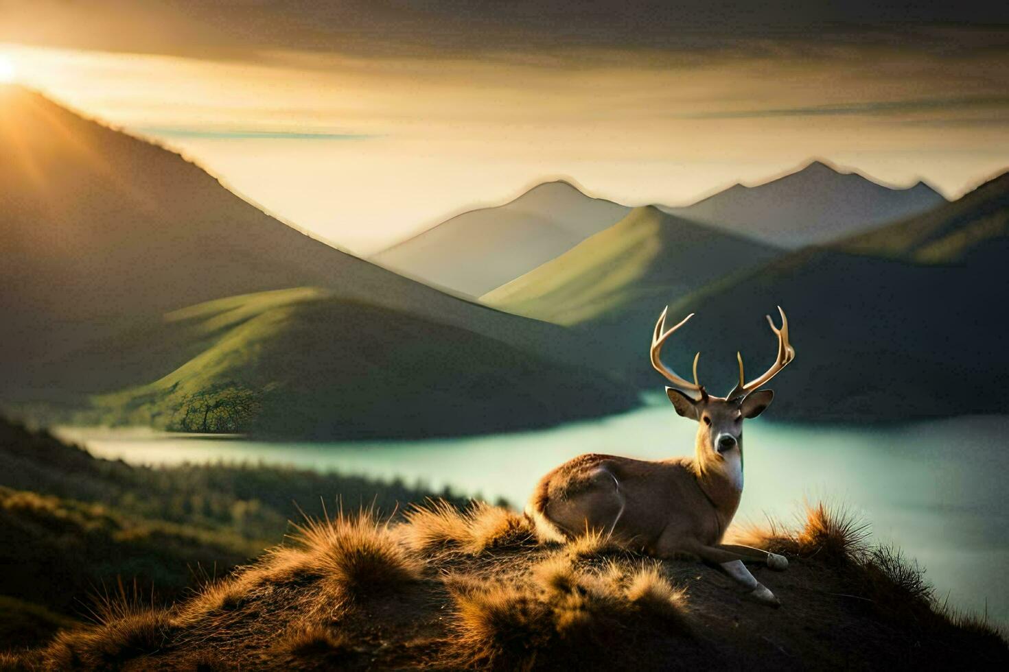 a deer sits on the edge of a mountain overlooking a lake. AI-Generated photo