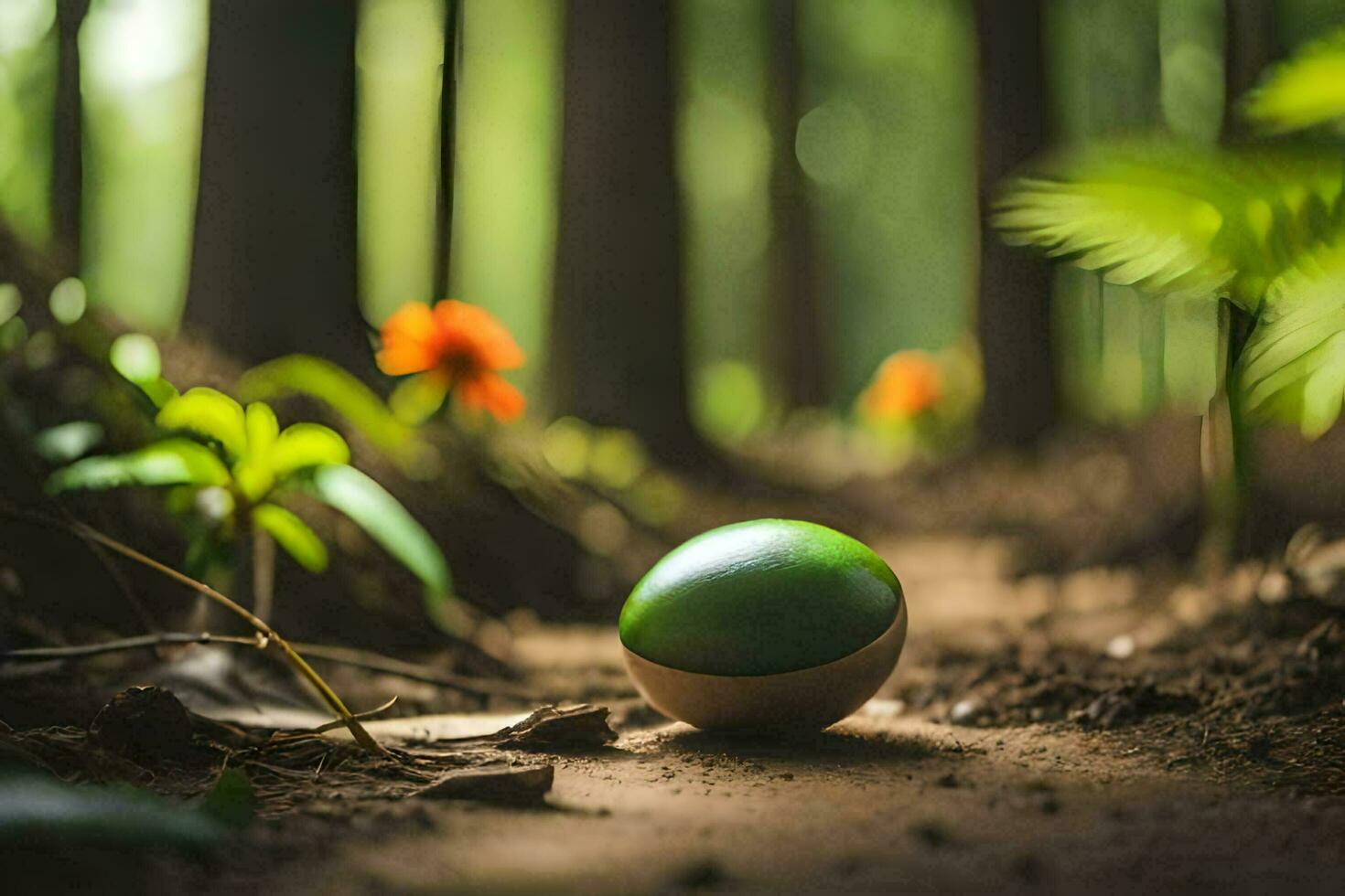 a green ball sits in the middle of a forest. AI-Generated photo