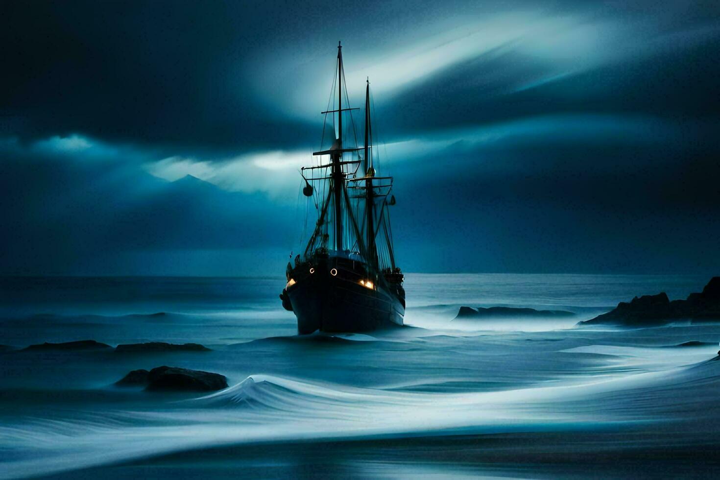 un Embarcacion en el Oceano a noche. generado por ai foto