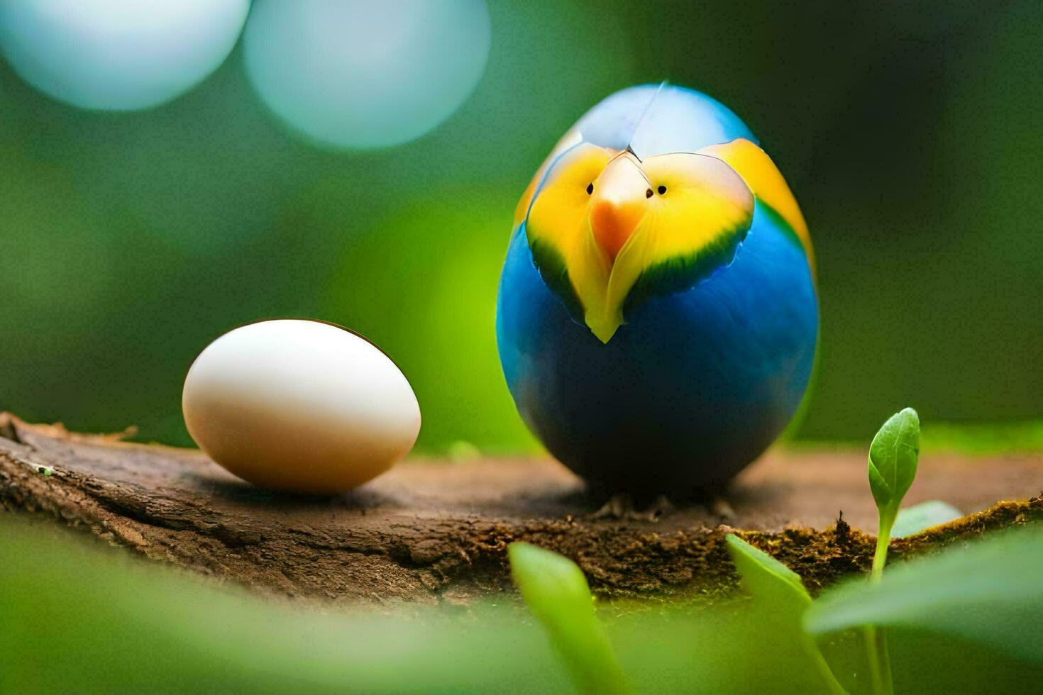 a colorful bird is standing next to an egg. AI-Generated photo