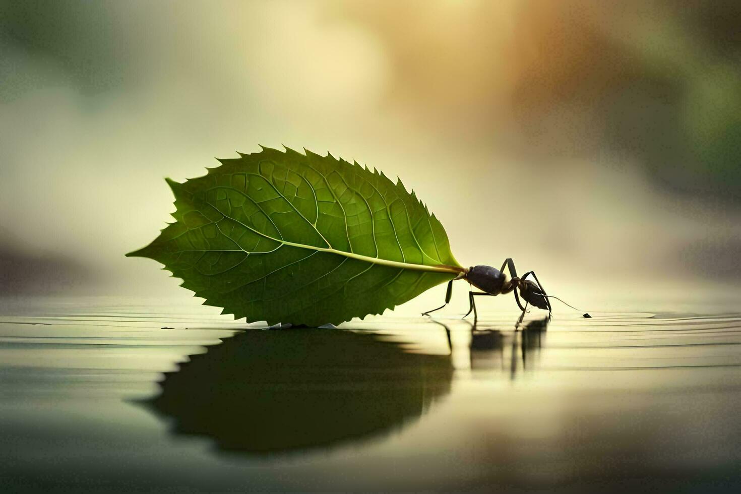a small ant is standing on a leaf. AI-Generated photo