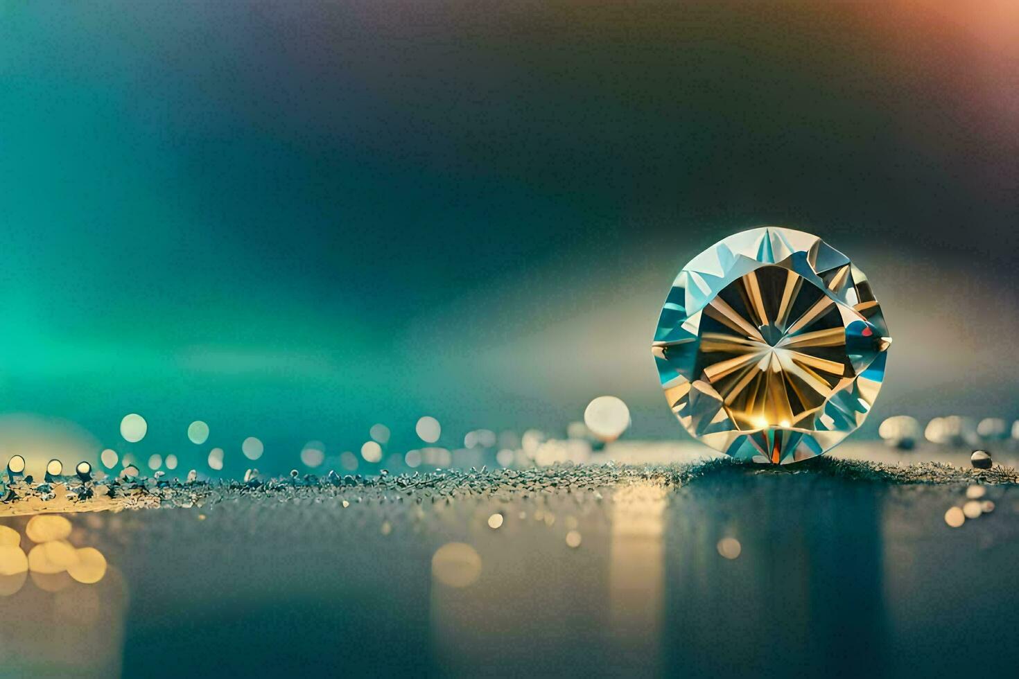 a diamond on a table with water droplets. AI-Generated photo
